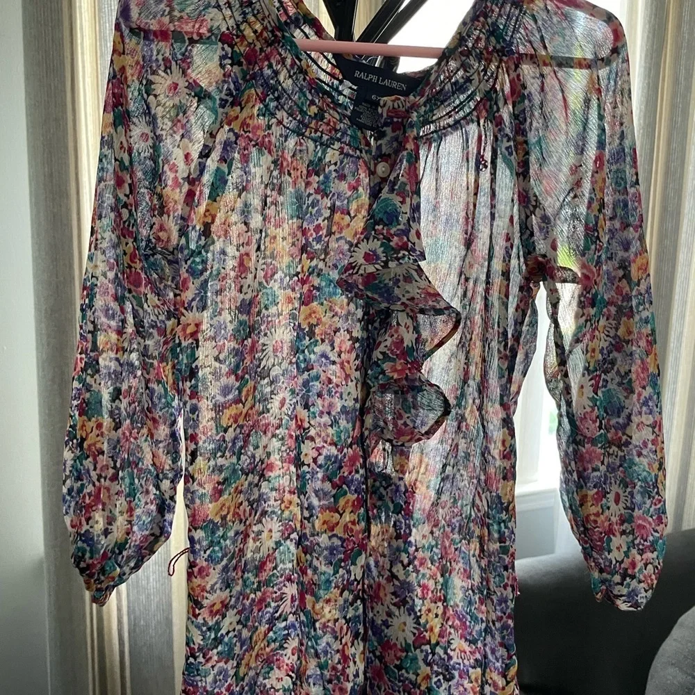 Gorgeous and frilly Ralph Lauren sheer floral dress with tie